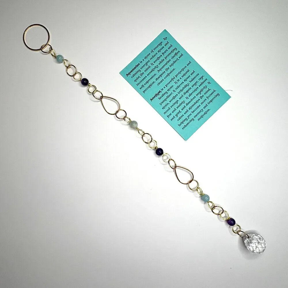 Aquamarine Amethyst Bead Hanging | Gold Teardrop Frame | Crystal Ball Prism